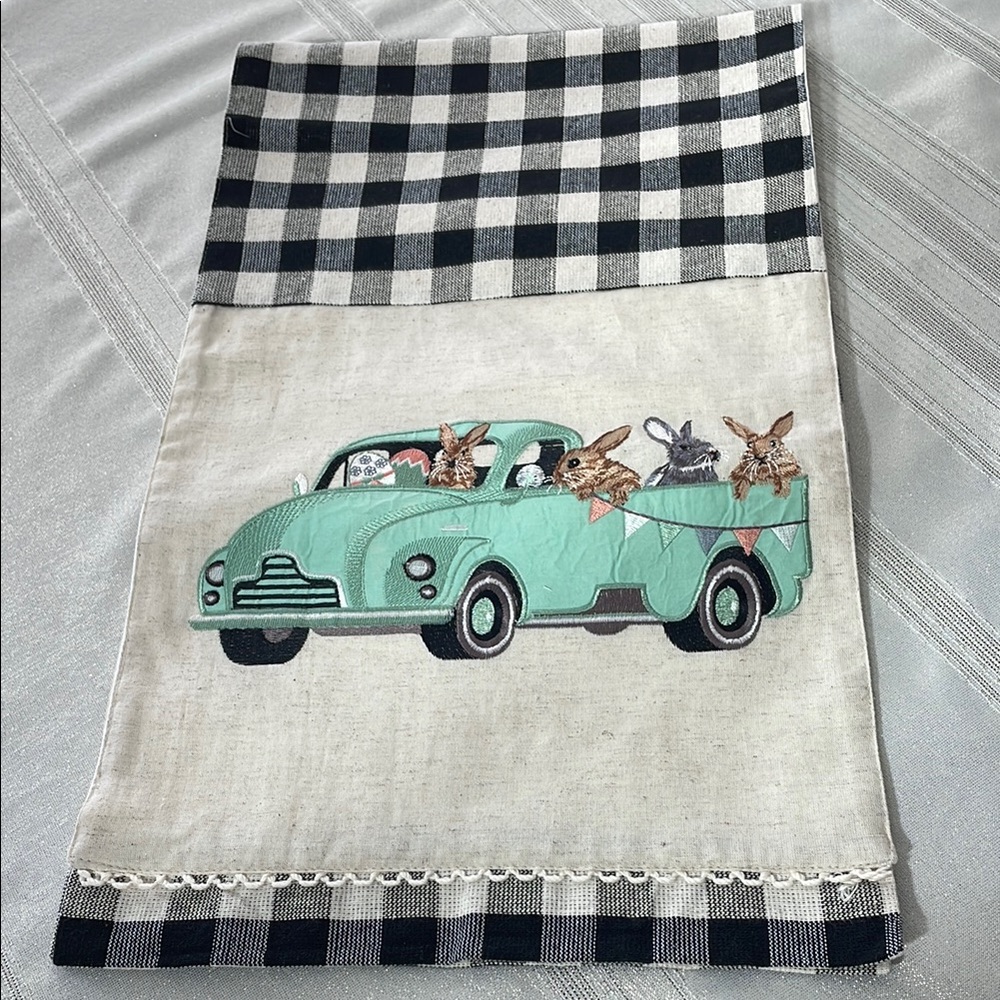 Vintage Truck Table Runner with embroidered bunnies